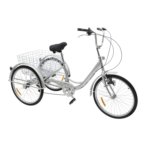 24 Zoll Trike mit Großem Korb, Silber 6-Gang 3-Rad-Cruiser mit Selbst Erzeugtes Schleifscheibenlicht und V-Typ-Vorderradbremse, Geeignet für Erwachsene Männer, Frauen und ältere Menschen von hinnhonay