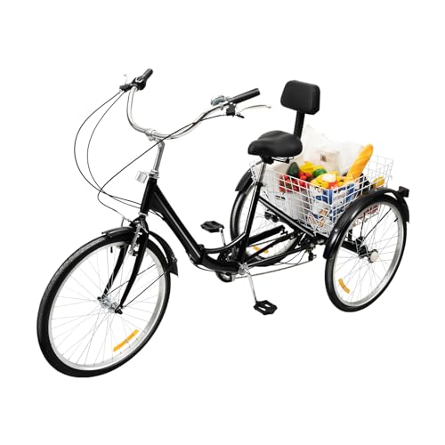 24 Zoll Trike mit Korb, Zusammenklappb Schwarz 7-Gang 3-Rad-Cruiser mit V-Bremse vorne und Haltebremse hinten mit 3 Rädern und großem Korb für 160-180cm,Rückenlehne Sitz von hinnhonay