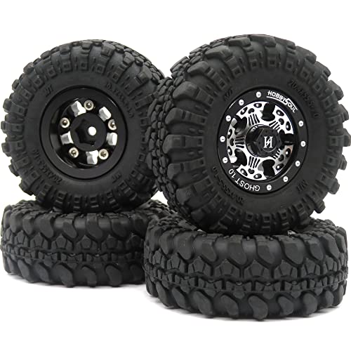 HOBBYSOUL RC 1.0 Beadlock Räder und Reifen, 1/24 Reifen montiert auf schweren 1,0 Beadlock Rädern, schwarz Silberne Felgen für 1:24 RC Crawler Axial SCX24 / Traxxas 1/18 TRX4M Bronco, (4er-Pack) von hobbysoul