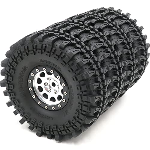 HOBBYSOUL RC 1.9 Mud Terrain Reifen, Super Grip, Rock Crawler Truck, weiche Reifen, 121 mm & Aluminium 1,9 Beadlock-Räder, Felgen, Sechskant, 12 mm, Silber/Schwarz, 4 Stück von hobbysoul