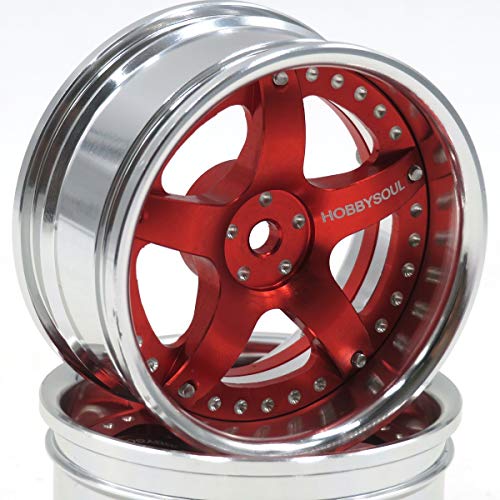 hobbysoul RC 1/10 Aluminium-Felgen aus Aluminiumlegierung, Sechskant, 12 mm, verstellbar, versetzt, passend für 1:10 RC On Road Drift Touring Autoreifen, 2 Stück (Silber und Rot) von hobbysoul