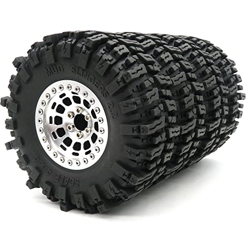 hobbysoul 2.2 Mud Rock Crawler Reifen Höhe 124mm & 2.2 Beadlock Legierungsräder Silber Für Redcat Gen8 Everest Gen7 Pro/Axial Capra Wraith/Traxxas TRX4 AMG 6x6, (4er-Pack, montiert) von hobbysoul