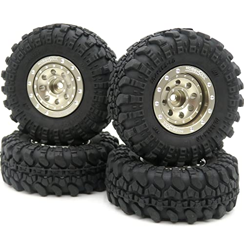 hobbysoul 4 Stück 1,0 Reifen und schwere verstellbare 1,0 Beadlock Räder Champagnerfarbe, negativer Versatz 1/24 Räder und Reifen für 1/18 TRX4M 1:24 RC Crawler Axial SCX24 von hobbysoul