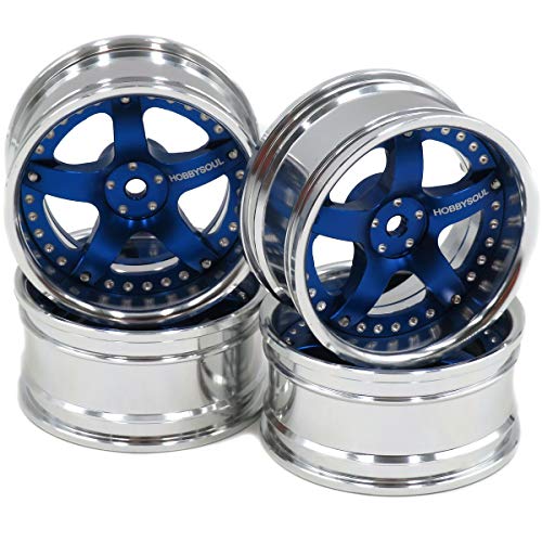 hobbysoul 4 Stück 1:10 Aluminium Felgen Verstellbarer Versatz Sechskant 12 mm Silber/Blau Passend für 1:10 Drift On Road Touren Reifen von hobbysoul