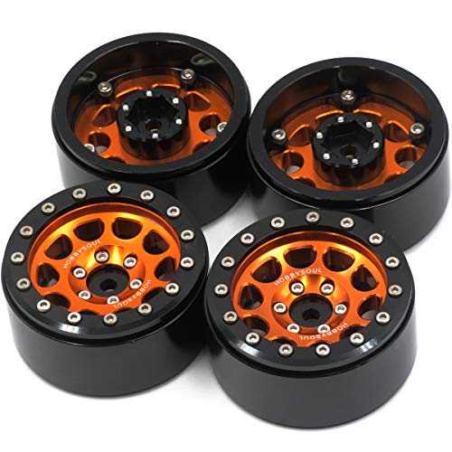 hobbysoul 4 Stück RC 1/10 Aluminium 1,9 '' Beadlock Räder Felgen Sechskant 12 mm Orange/Schwarz Passend für 1:10 RC Crawler Mud 1.9 Reifen von hobbysoul