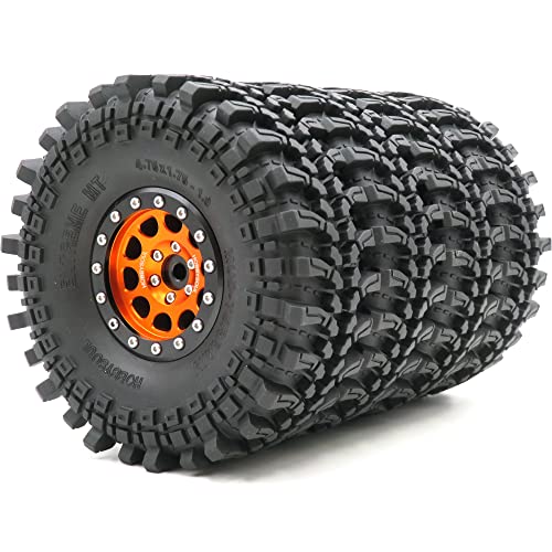 HOBBYSOUL RC 1.9 Mud Terrain Reifen Super Grip Soft Crawler Truck Reifen 121 mm & Aluminium 1,9 Beadlock Wheel Felge Hex 12 mm Orange/Schwarz (vormontiert) 4 Stück von hobbysoul