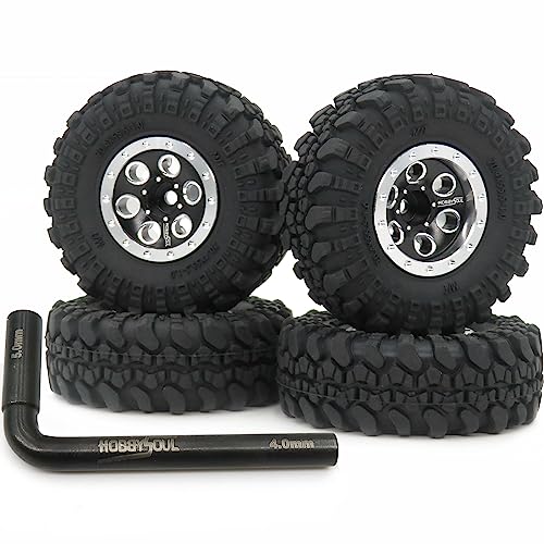 hobbysoul RC 1/24 Reifen und schwere verstellbare Offset 1,0 Beadlock Räder Silber Schwarze Felgen, Deep Dish 1,0 Räder und Reifen Für 1:24 RC Crawler Axial SCX24 & 1/18 TRX4M, (4er-Pack, montiert) von hobbysoul