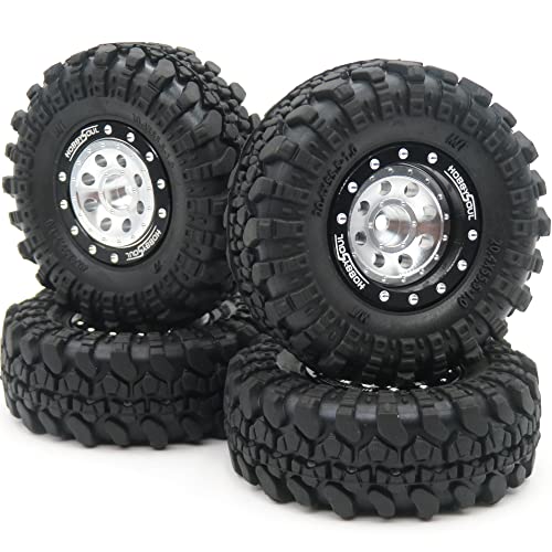 hobbysoul RC 1.0 Beadlock-Räder und -Reifen, 1/24 Reifen und stark verstellbare 1,0 Räder Schwarz und Silber für 1/18 TRX4M 1/24 Crawler SCX24 Gladiator Bronco Deadbolt, (4er-Pack, montiert) von hobbysoul