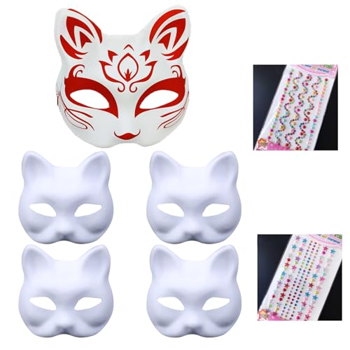 hocadon 5er Katzenmaske Handgemalte Maske Diy Masken Zum Bemalen Therian Mask Weiß Party Maske für Maskerade, Cosplay, Kostüm Maske, Party Karneval, Halloween von hocadon