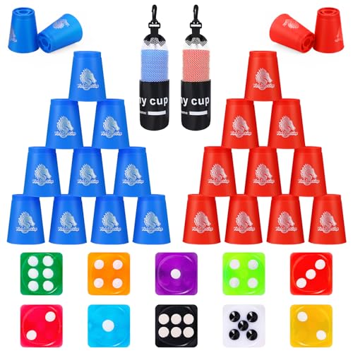 homdat 24 Stück Stapelbecher, Quick Sport Stapelbecher Cups (Blau, Rot) mit Tragetasche und 10 Würfel Bunt, für Trainingsspiel Geschwindigkeit Herausforderung lustiges Partyspiel von homdat