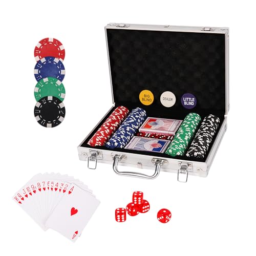 HomeGuru Poker Spiel 200 Chips Set inkl. 2X Pokerdecks, 5X Würfel, Dealer/Small Blind/Big Blind Button, Pokerset Alu Pokerkoffer Kasino Pokerchips Bingo Homespiel Laserchips mit Aluminiumkoffer Silber von homeguru