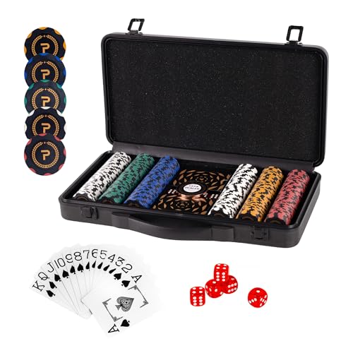 homeguru Pokerset inkl. 2X Pokerdecks, 5X Würfel, Dealer/Small Blind/Big Blind Button, Pokerspiel Alu Pokerkoffer Laser Pokerchips Set, Kartenspiele Aluminium Kasino (300 Chips/Schwarz) von homeguru