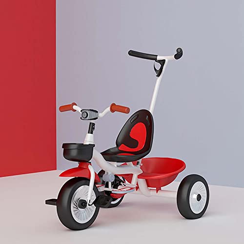 Kinderdreirad mit Schubstange Sicheres Kinderdreirad mit Bremse mit Metallrahmen Pedal-Freilauf für Kinder ab 18-48 Monaten (weiß-rot) von homewell