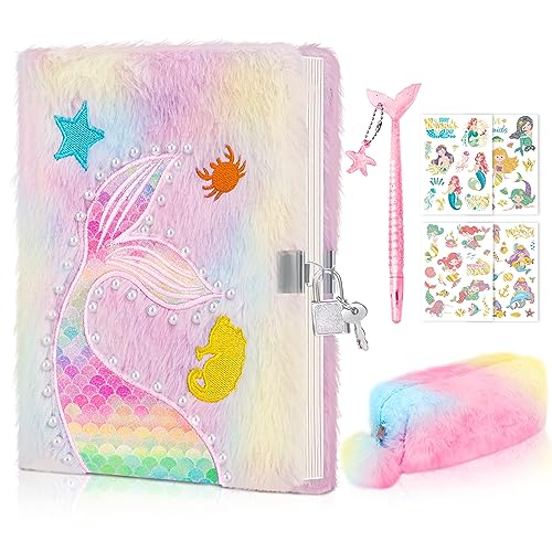 homicozy Tagebuch Mädchen mit Schloss, Briefpapier Mädchen, Mermaid Notizbuch mit Plüsch, Privates Notizbuch mit Meerjungfrau Stift und 4 Meerjungfrau Aufkleber, Mädchen Geschenk (pink) von homicozy