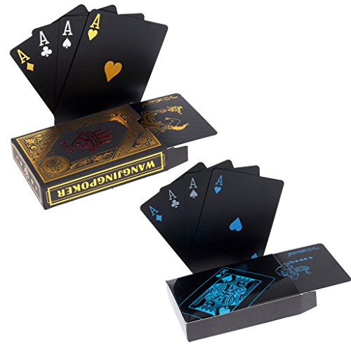 2 x Playing Cards Schwarze Wasserdichtes Pokerkarten Plastik Spielkarten aus PVC Profi Premium Spielkarten für Texas Holdem Poker - 1 Gold & 1 Black von Hopewey