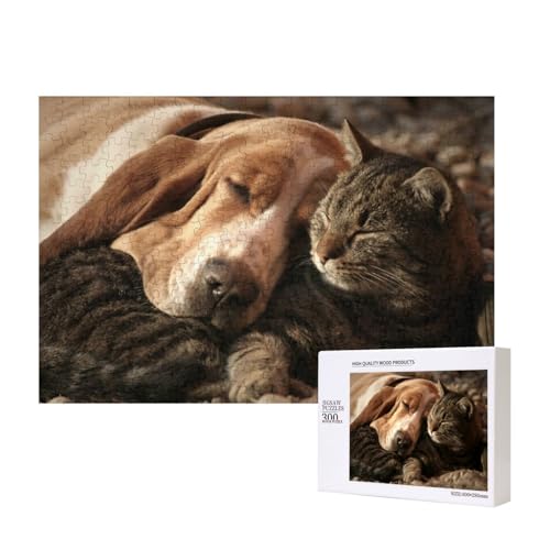 Basset Hound und Katze schlafen 300-teiliges Puzzle, Für Kinder ab 9 Jahren Lernspielzeug-300 Teile 28X40cm von houhm