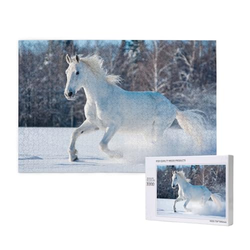 Galoppierendes weißes Pferd auf dem Schnee Puzzle 1000 Teile für Erwachsene, Lernspiele, Heimdekorationspuzzle – Denksport-Puzzle 1000 Teile von houhm