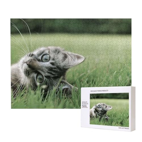 Gestreifte Katze auf dem Rasen Puzzle für 500 Personen, für Erwachsene und Kinder ab 12 Jahren, anspruchsvolles Puzzle, Puzzlegröße 38 x 52 cm von houhm