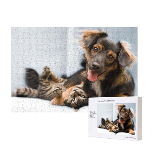 Hund und Katze Spielen 300-teiliges Puzzle, Für Kinder ab 9 Jahren Lernspielzeug-300 Teile 28X40cm von houhm