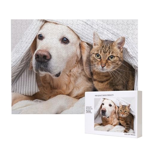 Hund und Katze unter der Bettdecke Puzzle für 500 Personen, für Erwachsene und Kinder ab 12 Jahren, anspruchsvolles Puzzle, Puzzlegröße 38 x 52 cm von houhm