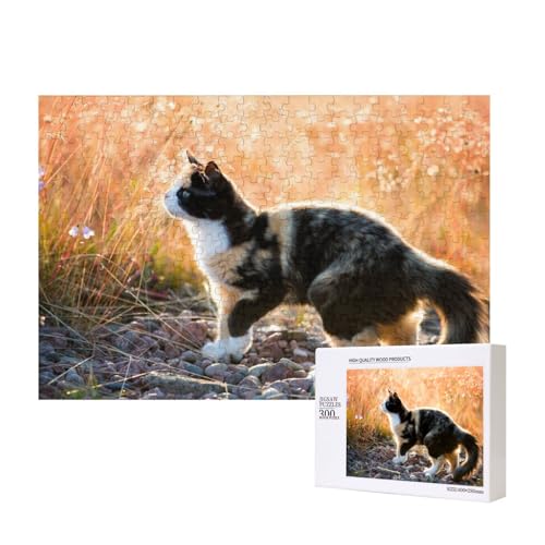 Katze mit pelzigen Schwanz auf Stein 300-teiliges Puzzle, Für Kinder ab 9 Jahren Lernspielzeug-300 Teile 28X40cm von houhm