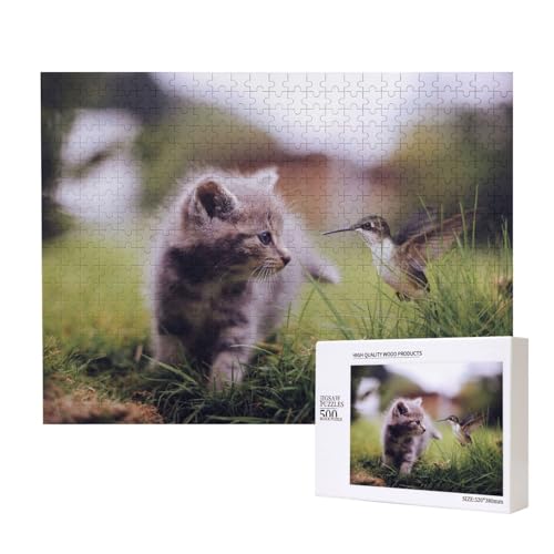 Katze und Kolibri Puzzle für 500 Personen, für Erwachsene und Kinder ab 12 Jahren, anspruchsvolles Puzzle, Puzzlegröße 38 x 52 cm von houhm