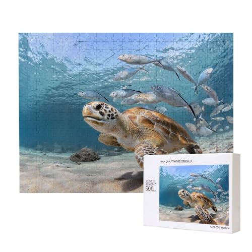 Meeresschildkröte spielt mit Fisch Puzzle für 500 Personen, für Erwachsene und Kinder ab 12 Jahren, anspruchsvolles Puzzle, Puzzlegröße 38 x 52 cm von houhm