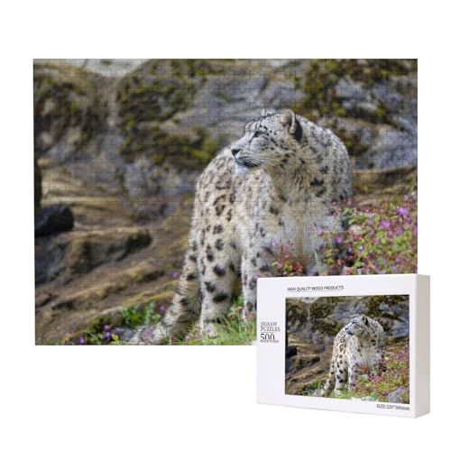 Schöner Schneeleopard im Frühling Puzzle für 500 Personen, für Erwachsene und Kinder ab 12 Jahren, anspruchsvolles Puzzle, Puzzlegröße 38 x 52 cm von houhm