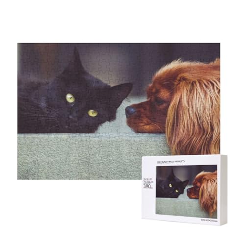 Schwarze Katze und Hund auf den Stufen 300-teiliges Puzzle, Für Kinder ab 9 Jahren Lernspielzeug-300 Teile 28X40cm von houhm