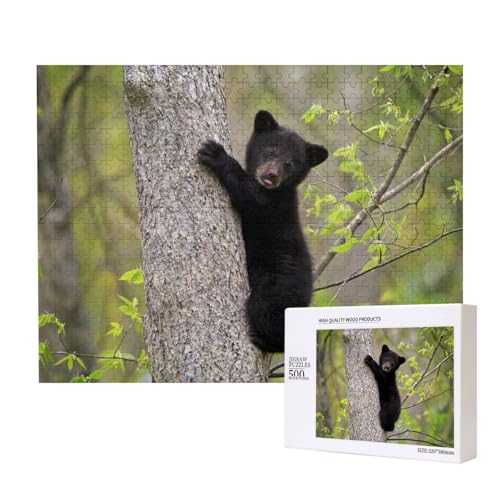 Schwarzes Bärenjunges klettert auf einen Baum Puzzle für 500 Personen, für Erwachsene und Kinder ab 12 Jahren, anspruchsvolles Puzzle, Puzzlegröße 38 x 52 cm von houhm