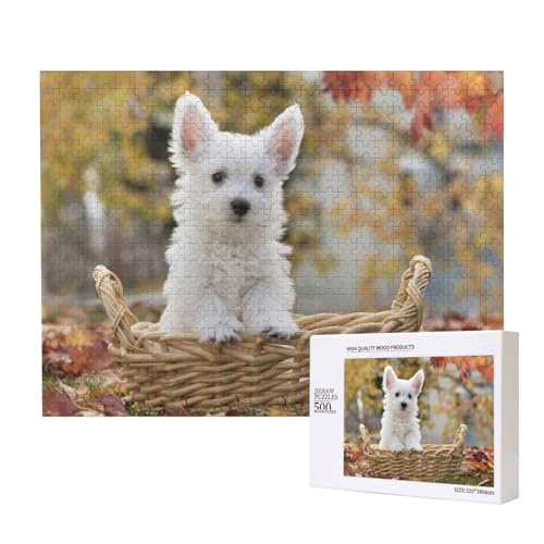 Weißer Hund im Korb Puzzle für 500 Personen, für Erwachsene und Kinder ab 12 Jahren, anspruchsvolles Puzzle, Puzzlegröße 38 x 52 cm von houhm