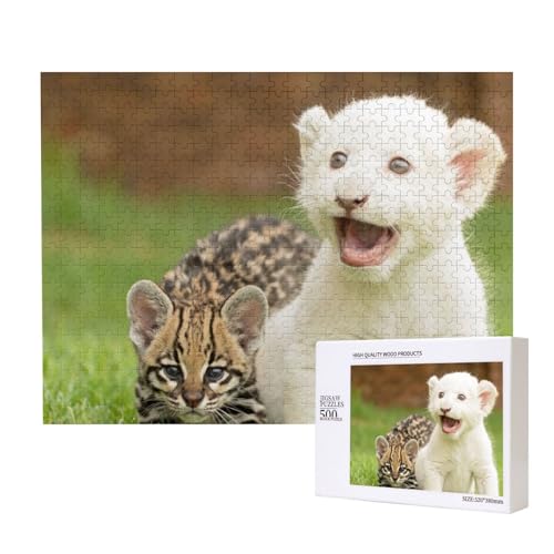 Weißes Löwenjunges und getigerte Katze Puzzle für 500 Personen, für Erwachsene und Kinder ab 12 Jahren, anspruchsvolles Puzzle, Puzzlegröße 38 x 52 cm von houhm