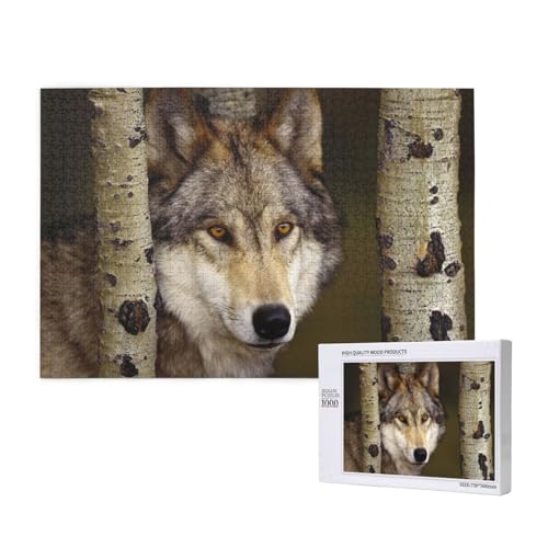 Wolf zwischen Baumstämmen Puzzle 1000 Teile für Erwachsene, Lernspiele, Heimdekorationspuzzle – Denksport-Puzzle 1000 Teile von houhm