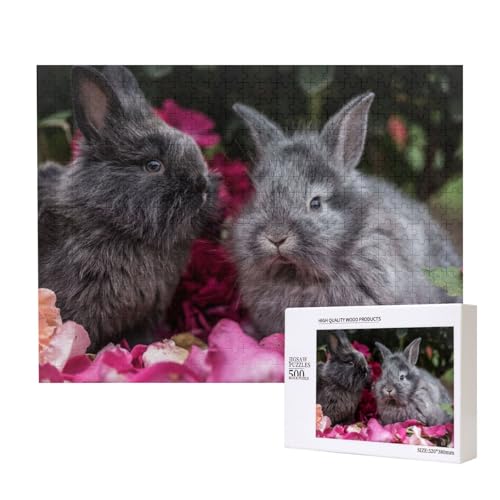 Zwei Kaninchen zwischen Blumen Puzzle für 500 Personen, für Erwachsene und Kinder ab 12 Jahren, anspruchsvolles Puzzle, Puzzlegröße 38 x 52 cm von houhm