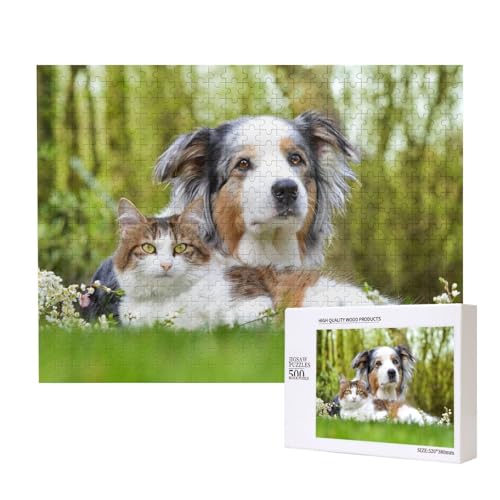 Zwei wunderschöne Katzen und Hunde Puzzle für 500 Personen, für Erwachsene und Kinder ab 12 Jahren, anspruchsvolles Puzzle, Puzzlegröße 38 x 52 cm von houhm