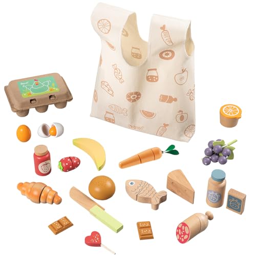 howa Kaufladen Zubehör Kinderküche Zubehör Holz, 25-teiliges Holzspielzeug Set Spiellebensmittel - Obst, Gemüse, Wurst, Käse, Fisch, Brötchen und mehr Spielküche Zubehör für kreative Rollenspiele 4895 von howa