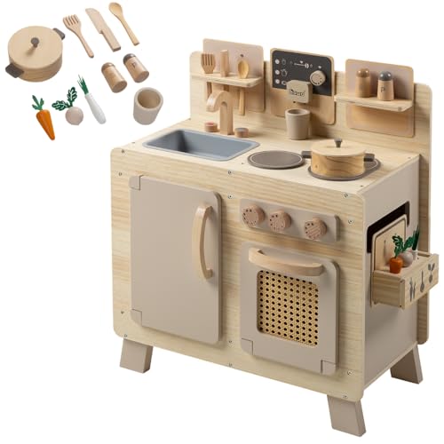 howa Kinderküche Holz 'FoodieFun', Spielküche inkl. 10-teiligem Kinderküchen Zubehör, Küche Kinder mit Herd, Backofen, Spüle, Stauraum, Rattanoptik, Natur/beige 48242 von howa