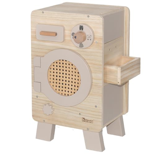 howa Kinderwaschmaschine aus Holz - Spielzeug Waschmaschine mit drehbarer Trommel, Regler mit Klickgeräusch, Waschmittelfach, Utensilienhalter, Natur-beige 48261 von howa