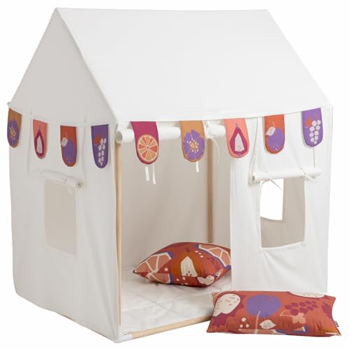 howa Kinderzelt Indoor Spielzelt Kinder Spielhaus mit Girlande, 2 Kissenbezügen, mit Rutschfester Bodenmatte, 3 Fenstern, Creme-Weiß, aus Baumwolle, Maße 80x110x125 cm 85152 von howa