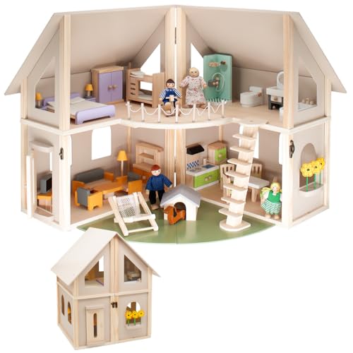 howa Puppenhaus Holz zusammen klappbar, inklusive 30 Möbelteile, 4 Puppen und Hund, mit 4 Zimmern, Balkon, Garten, mit Treppe, Puppenhaus Natur - beige 7016 von howa