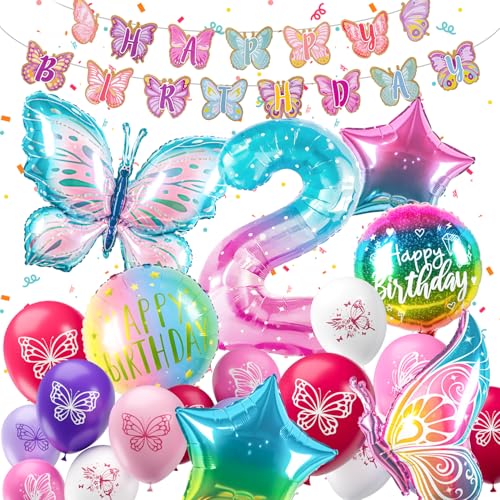 ballon 2 Jahre Schmetterling Geburtstag Deko zahlen luftballon 2 jahre | Bunt Schmetterlinge Geburtstagsdeko Folienballon - für 2. Geburtstag Mädchen Deko - fliegt mit Helium von hpnparty