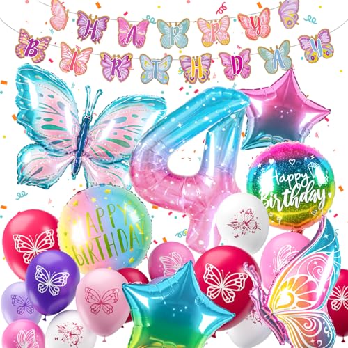 ballon 4 Jahre Schmetterling Geburtstag Deko zahlen luftballon 4 jahre | Bunt Schmetterlinge Geburtstagsdeko Folienballon - für 4. Geburtstag Mädchen Deko - fliegt mit Helium von hpnparty
