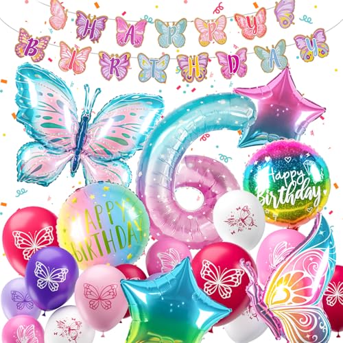 ballon 6 Jahre Schmetterling Geburtstag Deko zahlen luftballon 6 jahre | Bunt Schmetterlinge Geburtstagsdeko Folienballon - für 6. Geburtstag Mädchen Deko - fliegt mit Helium von hpnparty