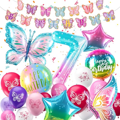 ballon 7 Jahre Schmetterling Geburtstag Deko zahlen luftballon 7 jahre | Bunt Schmetterlinge Geburtstagsdeko Folienballon - für 7. Geburtstag Mädchen Deko - fliegt mit Helium von hpnparty