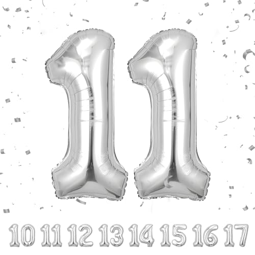 ballonluftballon 11 jahre | Sliber 11 ballons-40"-101cm 11 Geburtstagsdeko -11 Folienballon Zahl Deko zum Geburtstag fliegt mit Helium 11 Geburtstag für Männer Frauen 11 Geburtstagsparty Jubiläum von hpnparty