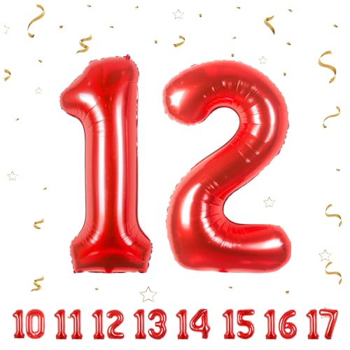 ballonluftballon 12 jahre | Rot 12 ballons-40"-101cm 12 Geburtstagsdeko -12 Folienballon Zahl Deko zum Geburtstag fliegt mit Helium 12 Geburtstag für Männer Frauen 12 Geburtstagsparty Jubiläum von hpnparty