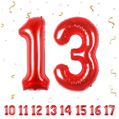 ballonluftballon 13 jahre | Rot 11 ballons-40"-101cm 13 Geburtstagsdeko -13 Folienballon Zahl Deko zum Geburtstag fliegt mit Helium 13 Geburtstag für Männer Frauen 13 Geburtstagsparty Jubiläum von hpnparty