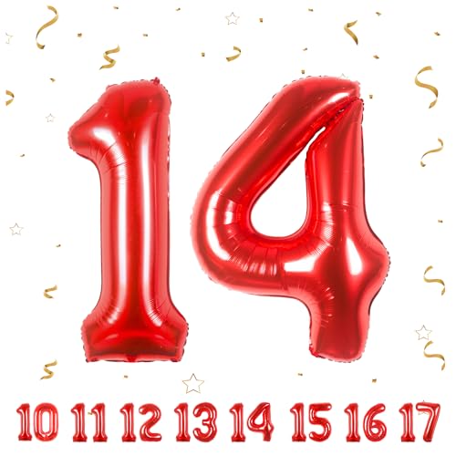 ballonluftballon 14 jahre | Rot 14 ballons-40"-101cm 14 Geburtstagsdeko -14 Folienballon Zahl Deko zum Geburtstag fliegt mit Helium 14 Geburtstag für Männer Frauen 14 Geburtstagsparty Jubiläum von hpnparty