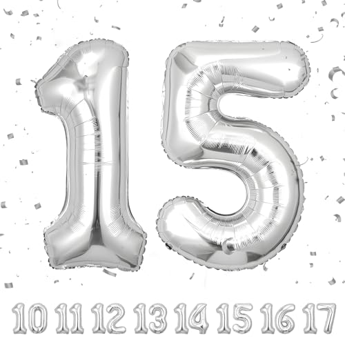 ballonluftballon 15 jahre | Sliber 15 ballons-40"-101cm 15 Geburtstagsdeko -15 Folienballon Zahl Deko zum Geburtstag fliegt mit Helium 15 Geburtstag für Männer Frauen 15 Geburtstagsparty Jubiläum von hpnparty