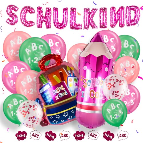 einschulung schulanfang deko Mädchen rosa Grün SCHULKIND ballon+Schuleinführung Luftballon mit ABC 123+Pencil Schultüte Folienballons von hpnparty